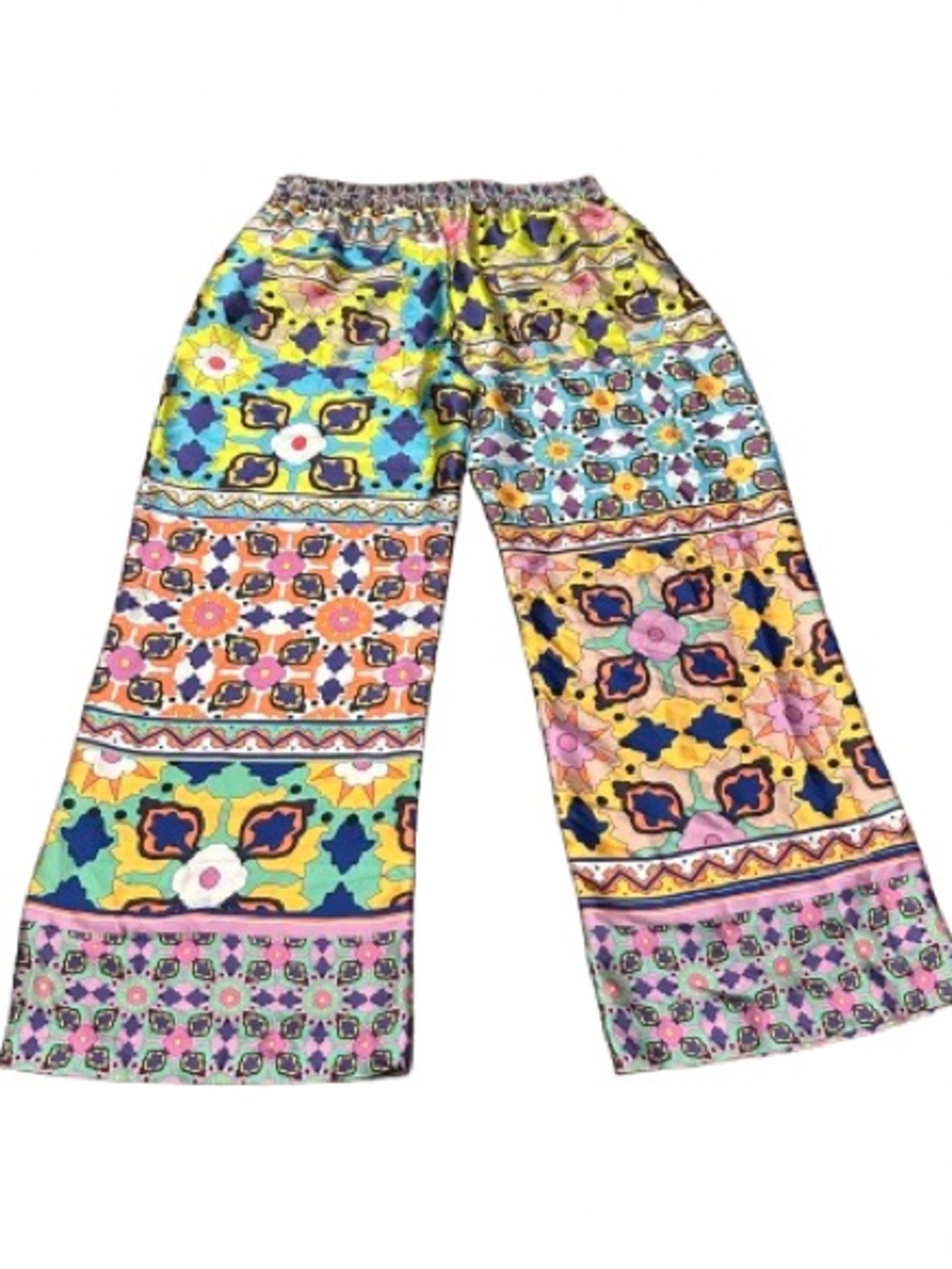 ZARA Printed Satin Wide Leg Pants Boho Patchwork Coastal Chic Trousers Size M